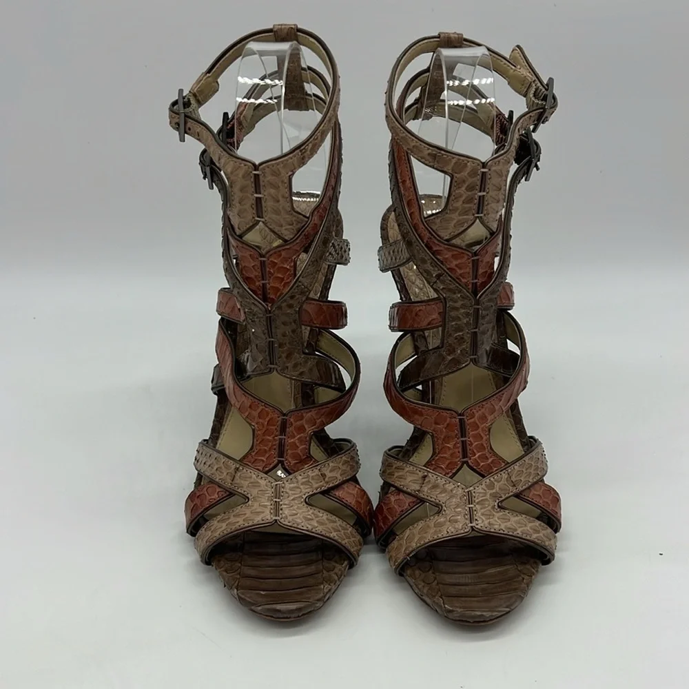 Brian Atwood Women US 7 EU 37 brown snakeskin strappy heeled sandals side buckle